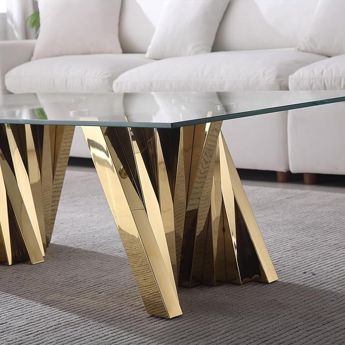 Goujxcy Modern Glass Coffee Table 51" Gold Center Table with Tempered Glass Top and Mirror Finish Stainless Steel Legs, Luxury Rectangular Coffee Table for Living Room Apartment (Gold)