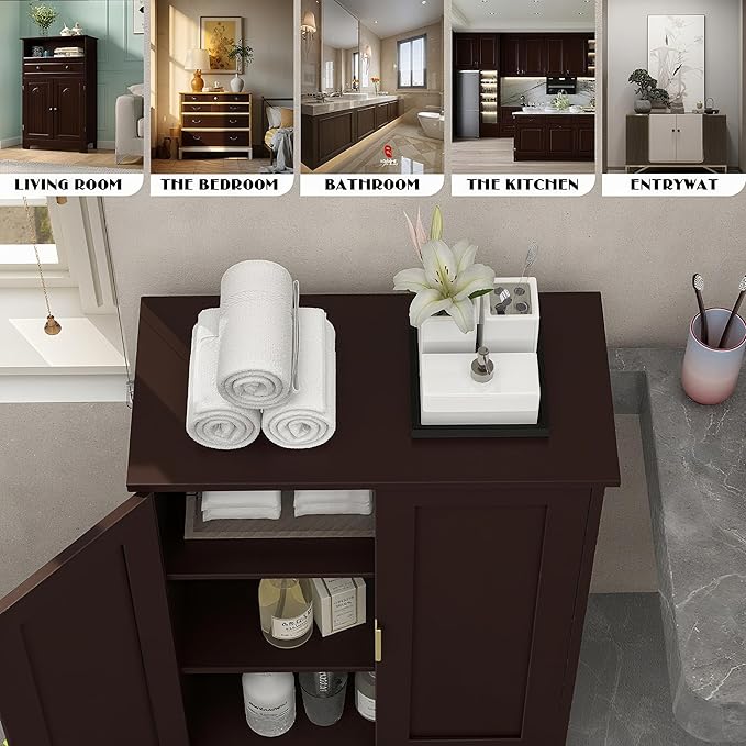 TaoHFE Brown Bathroom Storage Cabinet,Wood Bathroom Cabinets Freestanding with 2 Door Organizers Storages with Adjustable Shelves, Storage Cabinet for Living Room,Laundry Room