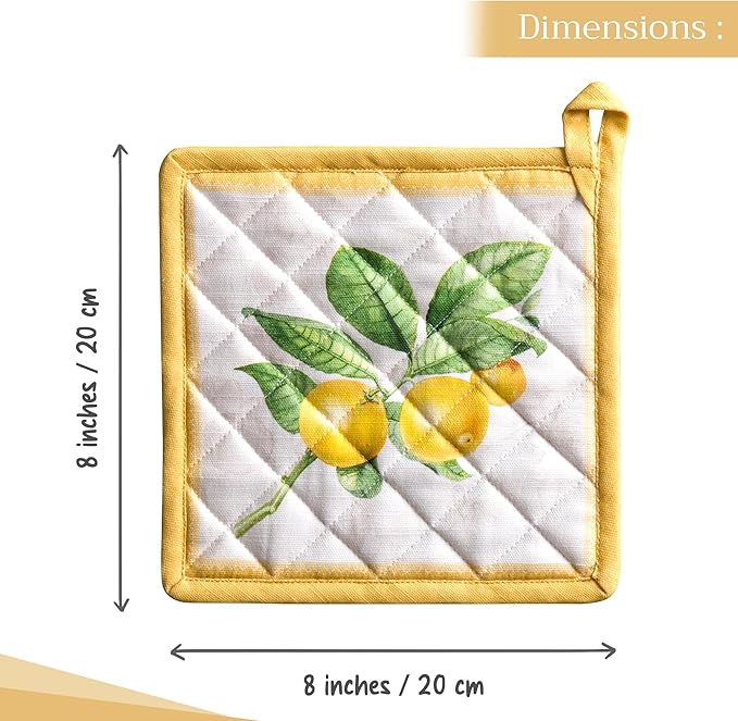 Maison d' Hermine Pot Holders Set 100% Cotton Heat Resistant Potholders 8" x 8" Hot Pads with Loop BBQ, Cooking, Baking, Grilling, Kitchen, Handling Hot Pans Spring/Summer (Pack of 2, Limoncello)