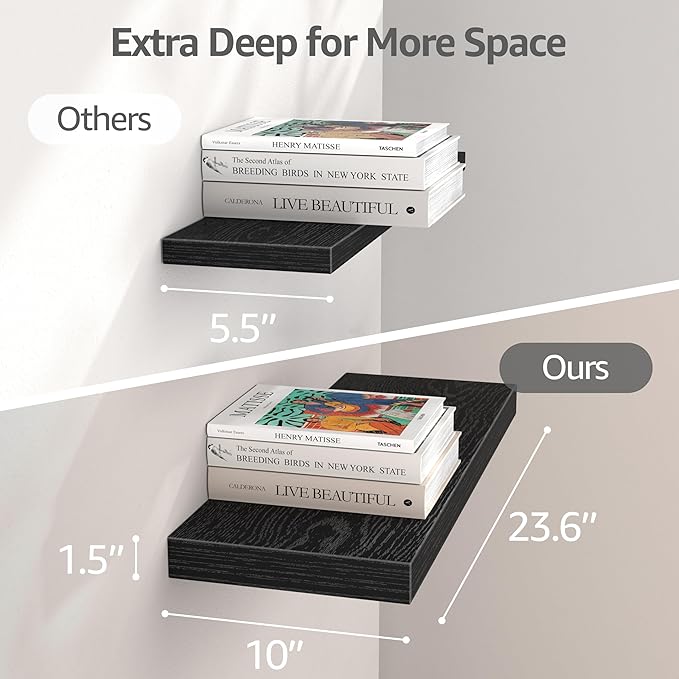 QEEIG 10" Deep Floating Shelves for Wall - 10 x 24 inch Book Shelf Bathroom Bedroom Kitchen Living Room Hanging Bookshelf Farmhouse Set of 3, Black (025-60B3)