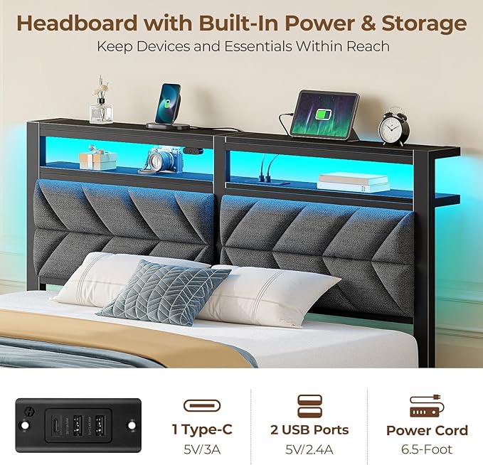 Seventable Bed Frame Full Size with Charging Station, LED Bed with Upholstered Storage Headboard, Metal Platform Bed with Under Bed Storage, No Box Spring Needed, Noise Free, Easy Assembly, Grey