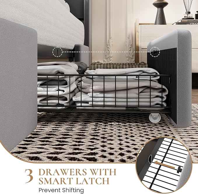 SHA CERLIN King Size Bed Frame with 3 Drawers, USB & Type-C Charging Ports, Velvet Upholstered Platform Bed with Modern Geometric Wingback Storage Headboard, No Box Spring Needed, Easy Assembly, Grey