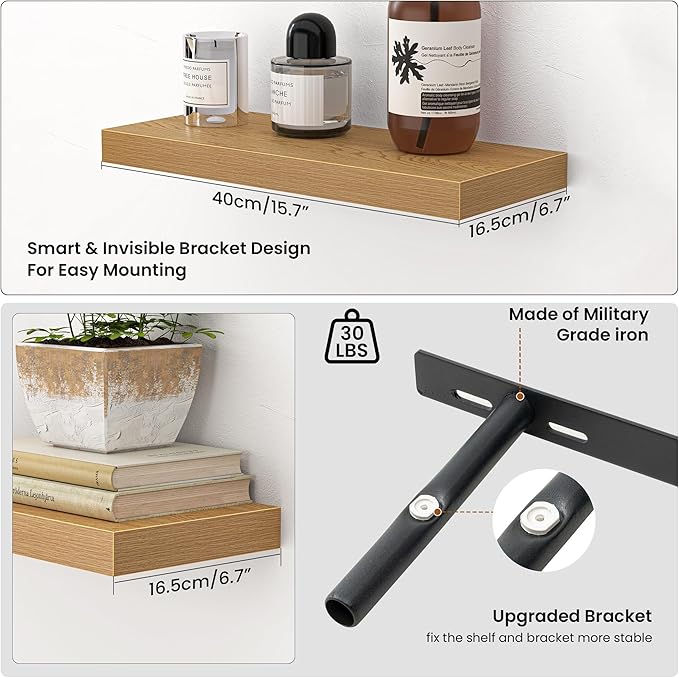 Heimlove Floating Shelves for Wall,16 inchs Shelf for Small Bathroom,Mounted Storage & Display Shelves for Bedroom,Living Room,Kitchen,Office,Set of 2,Oak Color
