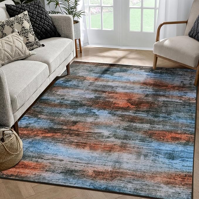 WILLSUN Washable Area Rugs, 3x5 Non-Slip Boho Large Area Rugs for Living Room, Bedroom, Machine Washable Vintage Rug, Indoor Floral Print Carpet for Home Decor, Kid & Pet Friendly Mat