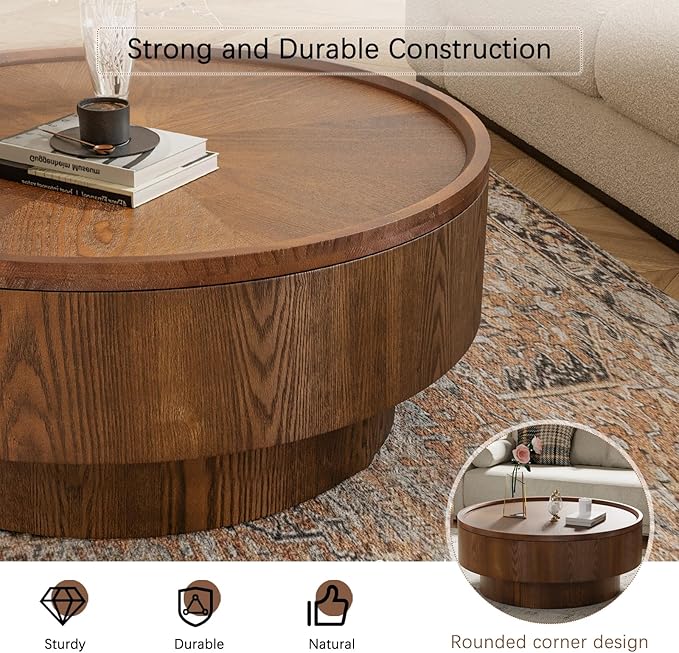 Round Coffee Table with Storage 30.7'' Modern Luxury Circle Drum Coffee Tables Farmhouse Rustic Wood Coffee Table Circle Pedestal Center Table for Living Room Apartment (Brown)