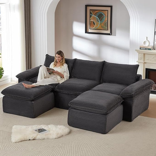 113.03" Sectional Couches for Living Room Modern Modular Sofa with U-Shape Couchs Upholstered Corduroy Boneless Couch Deep Seat Cloud Couch with Ottoman, No Assembly Required, Dark Gray