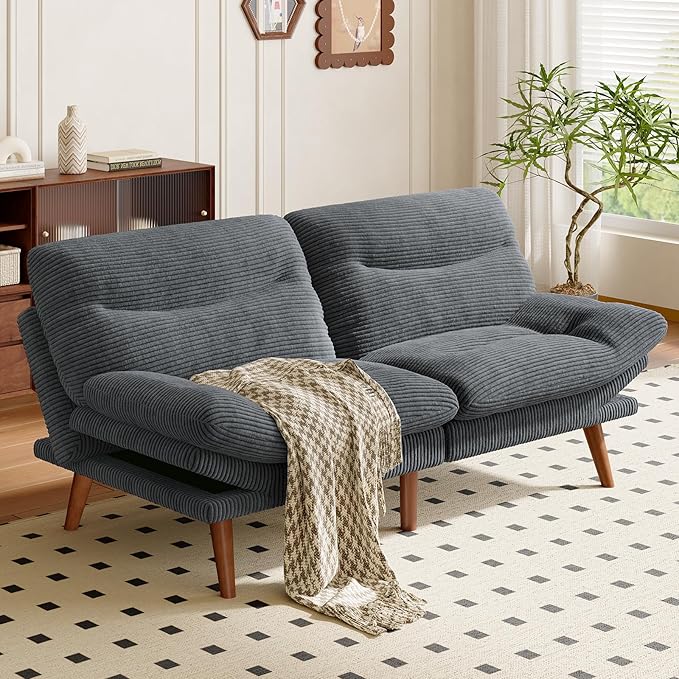 Amada 75" Convertible Futon Sofa Bed, Corduroy Folding Futon Set with Adjustable Backrest &Armrests, Recliner Lounge for Living Room, Apartment or Office, Solid Wood Frame, Loveseat Sofa -Dark Grey