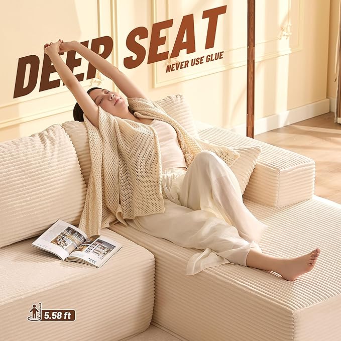 107" Boneless Couch with Deep Seat, Modular Sectional Sofa, Cloud Sectional Couch for Living Room, No Assembly Required, Corduroy, L-Shape Right?White