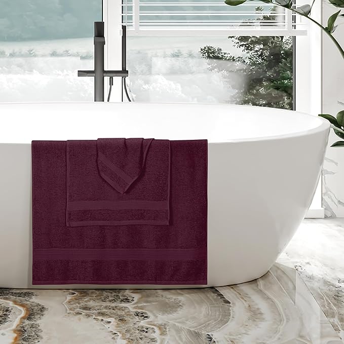 BOUTIQUO Ultra Soft 3 Pack Cotton Towel Set, Contains a Bath Towels 27x54 inch, a Hand Towels 16x24 inch & a Wash Coths 12x12 inch, Ideal Everyday use, Compact & Lightweight - Burgundy