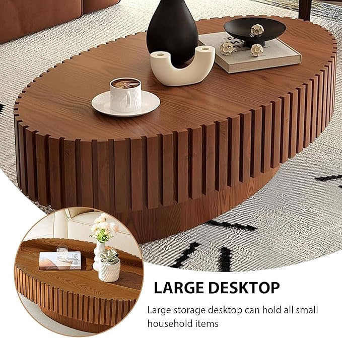 Oval Coffee Table, Handcrafted Fluted Drum Coffee Tables Modern Wood Coffee Table Drum Center Table for Living Room, Apartment (Oval Wood)