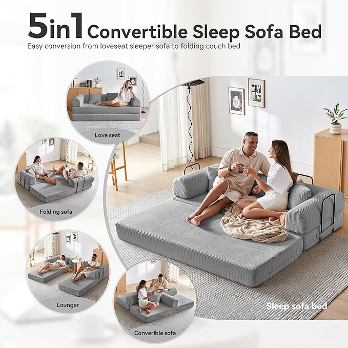 Convertible Sleeper Sofa Bed, Sleeper Sofa with Pillow | Corduroy Fabric | High-Density Sponge | Fixed-Shape Frame, Modular Sofa Bed for Living Room Lounge Studio (Light Grey)