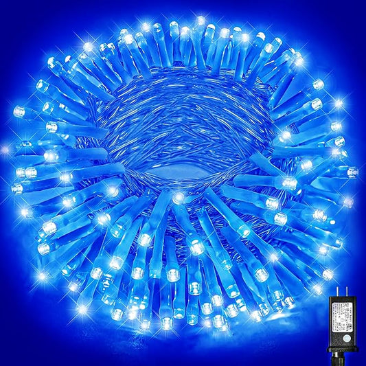 66ft 200 LED Christmas Lights Outdoor - 8 Modes Christmas String Lights Clear Wire with Time Memory, Waterproof Plug in Fairy String Lights for Indoor Outdoor Home Party Garden Decoration, Blue