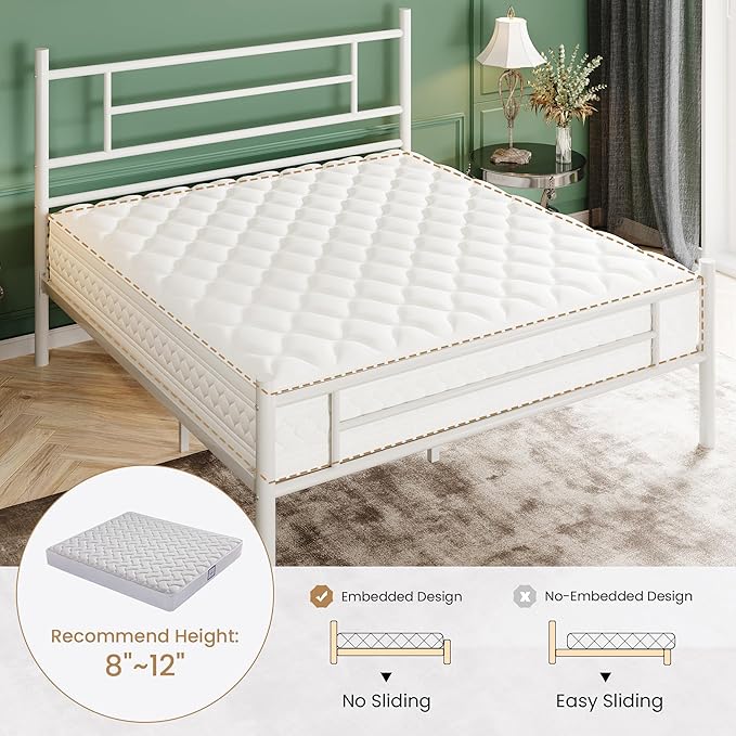SHA CERLIN 14 Inch Queen Size Metal Bed Frame with Iron-Art Headboard and Footboard,Under Bed Storage Space,Platform Bed with Metal Slats Support,Easy Assembly,Noise Free,No Box Spring Needed,White