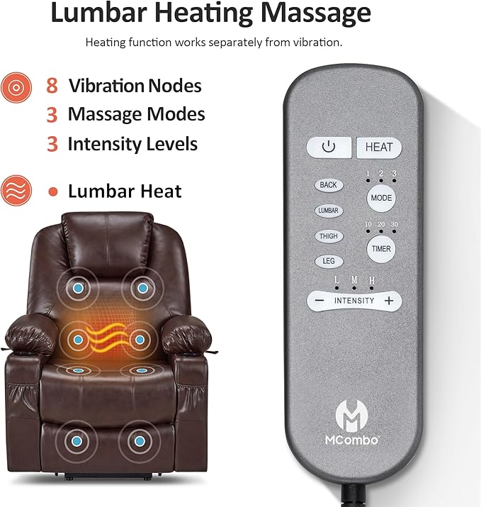 MCombo Large Power Lift Recliner Chair with Massage and Heat for Tall Elderly People, 3 Positions, Cup Holders, and USB Ports, Faux Leather 7516 (Large, Dark Brown)