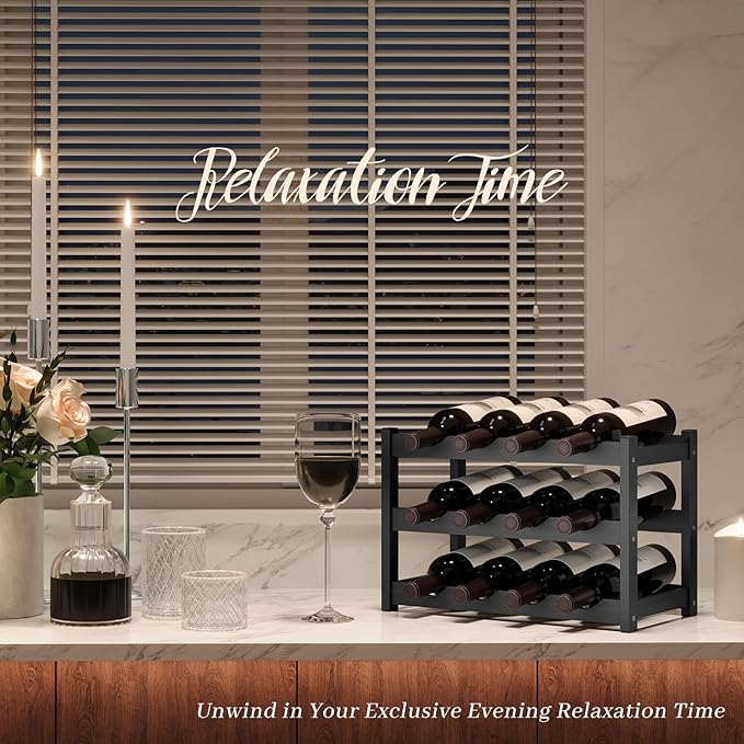 Wine Rack，Bamboo Wine Storage Cabinet Shelf，Countertop Wine Shelf- Freestanding Wine Holder for Kitchen & Pantry (Black, 3-Tier)