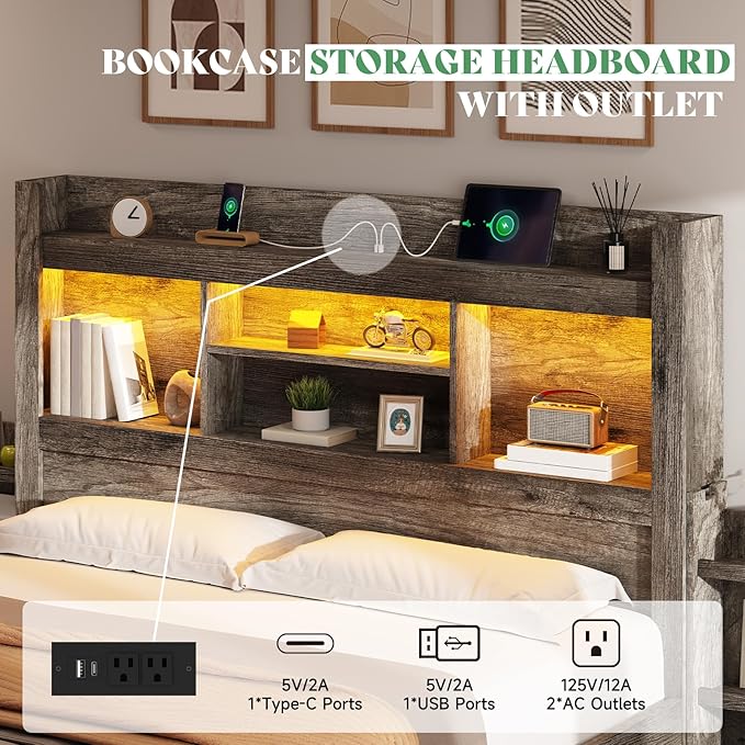 AMERLIFE Full Size Bed Frame with 4 Storage Drawers, LED Bed Frame with 49“ Tall Bookcase Headboard, Wood Platform Bed with Charging Station & 2 Slide Bedside Shelf, No Box Spring Needed/Rustic Grey