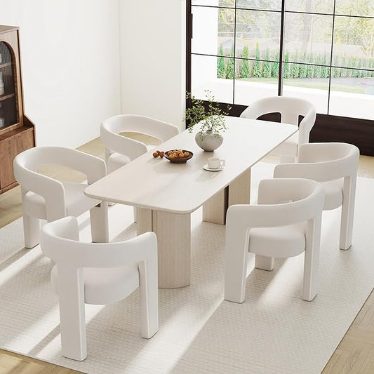 Modern Barrel Dining Chairs Set of 6, Velvet Upholstered Accent Side Chair with Arms Comfy Makeup Vanity Chairs, Dining Living Room Kitchen Chairs, Beige