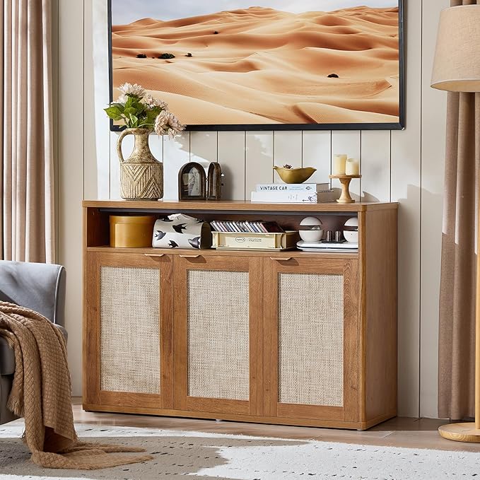 LEYAOYAO Rattan Sideboard Buffet Cabinet,45" Coffee Bar Cabinet with 3 Doors & Open Storage Shelf,Modern Credenza Console Table for Living Room Rattan Farmhouse entryway Brown