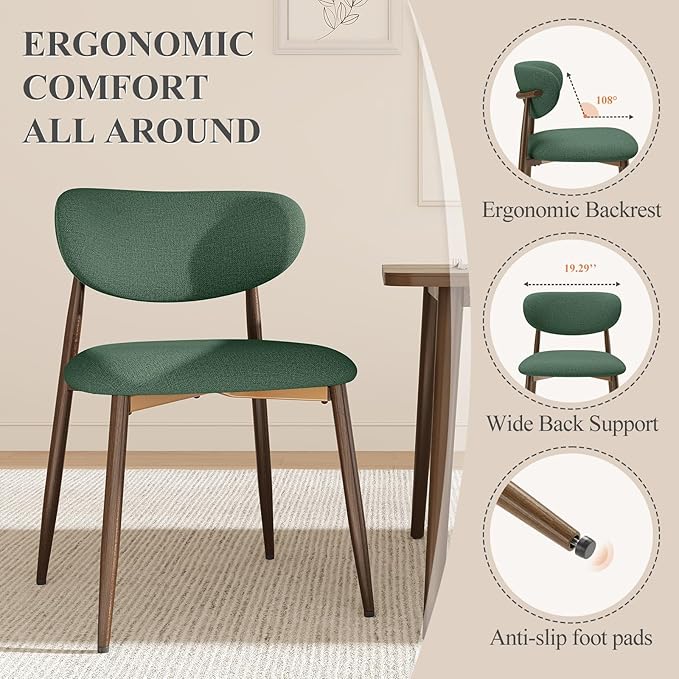Dining Chairs Set of 6, Upholstered Dining Room Chairs with Metal Legs and Anti Slip Pads, Curved Back Kitchen Chair for Home and Restaurant Use, Green