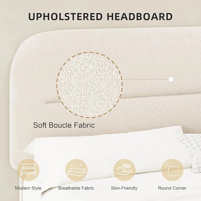 HOMBCK Full Size Boucle Bed Frame, Upholstered Bed Frame Full with Headboard, Soft BedFrame with Thickened Footboard, Soft Rounded Corners, No Box Spring Required, Easy Assembly, Cream