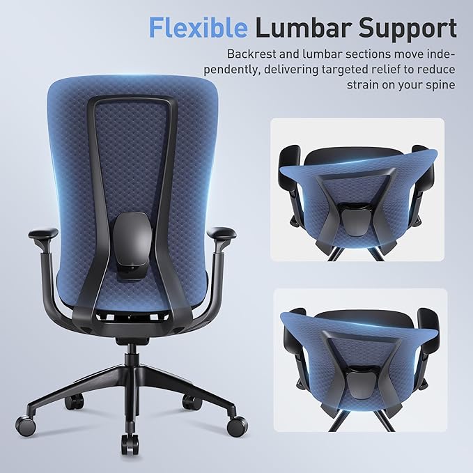 Executive Office Chair with 4D Adjustable Arms & Lumbar Support - Mesh Seat Depth Adjustment, 107°-115°-123°-132° Recline, Memory Foam & Aluminum Base for Modern Home/Office,Blue