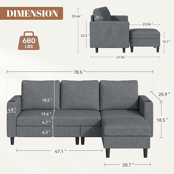 Upholstered Sectional Sofa and Couches, 78'' L Shaped 3-seat Sofa forLiving Room, Apartment, Lounge,Bedroom-Washable Covers Convertible Sofas(Linen Fabric,Dark Gary)
