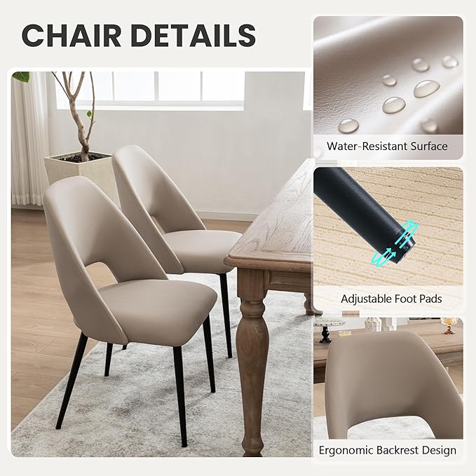 Rowill Dining Chairs Set of 6, Mordern Upholstered Faux Leather Dining Room Chairs, Kitchen Side Chairs with Metal Legs for Guest Reception Waiting Living Room, Khaki