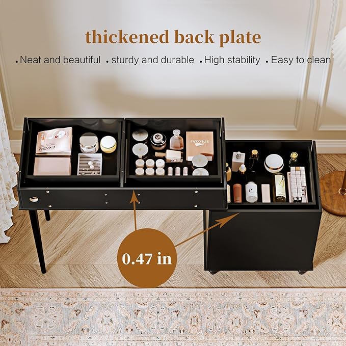 Black,Vanity Desk with Mirror and Lights,Makeup Vanity with Power Outlet and Adjustable Cabinet,Modern Makeup Table with 3 Drawers for Bedroom Makeup Room