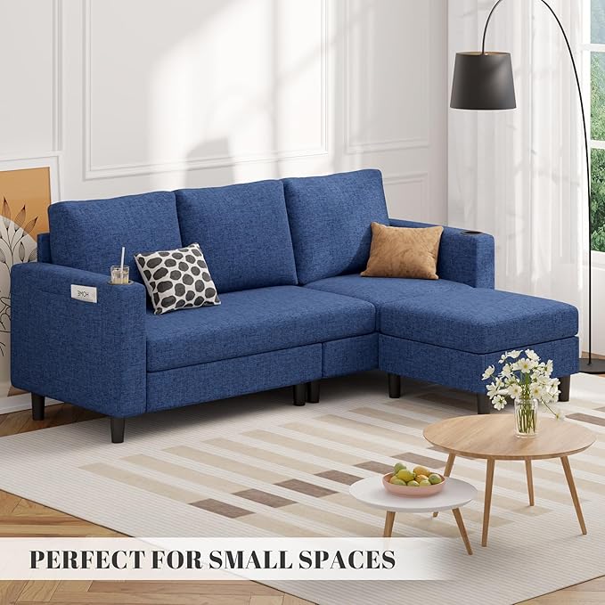 Upholstered Sectional Sofa and Couches, 78'' L Shaped 3-seat Sofa forLiving Room, Apartment, Lounge,Bedroom-Washable Covers Convertible Sofas(Linen Fabric,Blue)