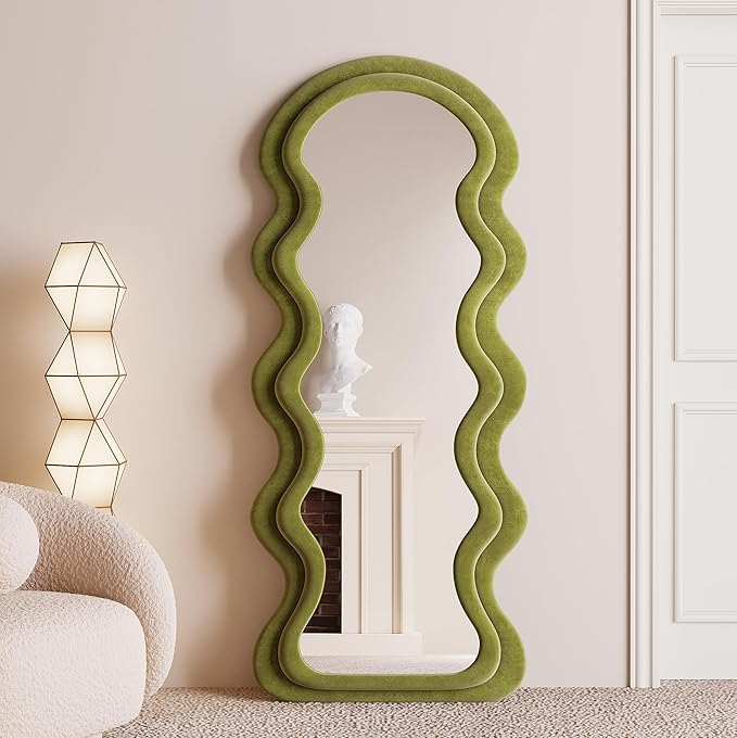 BOJOY Full Length Mirror, 63" x 24" Wall Mirror, Flannel Wrapped Wooden Frame Floor Mirror, Irregular Wavy Mirror Hanging or Leaning Against Wall for Cloakroom/Bedroom/Living Room - Green