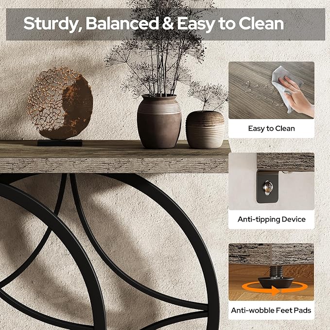 39.4" Entryway Table, Industrial Console Table for Entryway with Anti-Tilt Design, Narrow Wood Accent Sofa Table Behind Couch with Double Circle Base for Hallway, Living Room, Foyer (Industrial Grey)