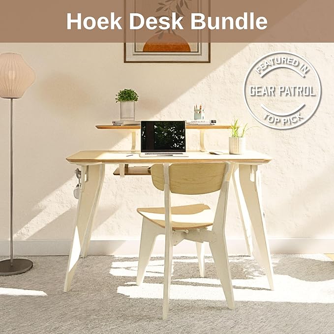 HOEK Modern Collapsible Work from Home Desk Bundle, Durable Laminate Surface, Portable Folding Computer Desk with 47.5" x 23", Easy Tool-Free Assembly, Compact Study and Office Table (Birch/White)