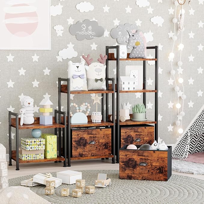 Furologee 3 Tier Bookshelf with Drawer, Small Bookcase with Shelves, Short Wood and Metal Bookshelf Storage Organizer, Industrial Freestanding Shelf Units for Bedroom, Living Room, Dorm, Rustic Brown