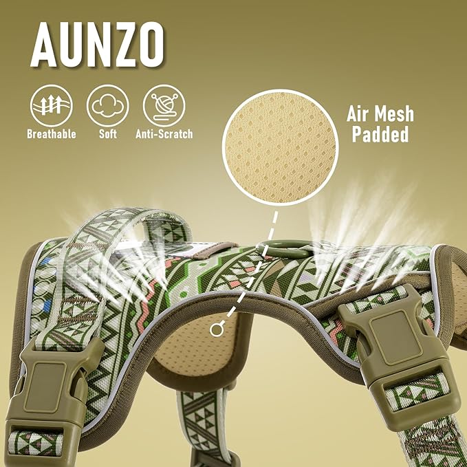 Light Dog Harness for Small Dog Breeds, No-Pull Pet Harness with 2 Leash Clips, Adjustable Soft Padded Dog Vest, Reflective No-Choke Pet Oxford Vest, Puggle, Terriers, Beagle, Green Ethnic, Small