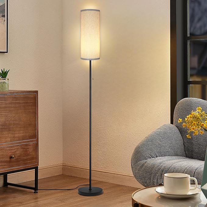 Floor Lamp for Living Room, Modern Standing Lamps with Lampshade, Minimalist Tall Lamp with Chain Switch for Living Room, LED Bulb Included (Gray Shade)