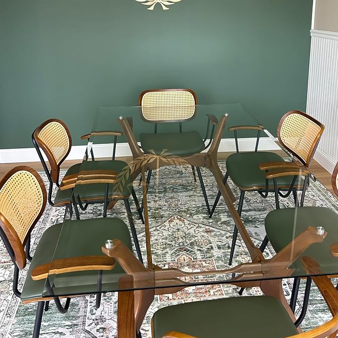 Rattan Dining Room Chairs Set of 4,Mid Century Modern Kitchen Side Chairs,Metal Legs Desk Chair,Faux Leather Accent Chair with Arms and Rattan Backrest Green PU