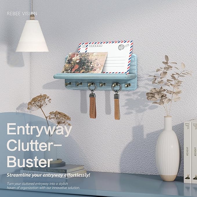 Rebee Vision Pine Wood Key Holder Wall Mount for Room Accessories – Decorative Key Holder for Wall with 6 Hooks & Floating Shelf – Rustic Wall Organizer for Home Decor Aesthetic (Blue)