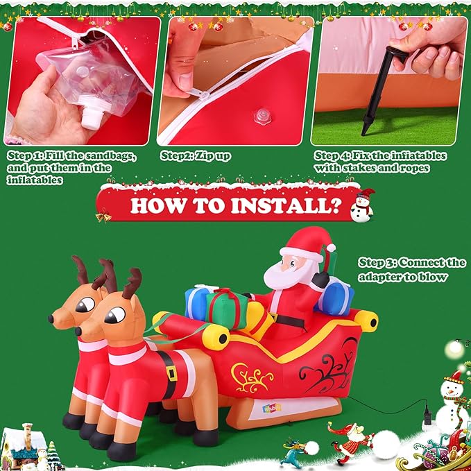 7.8Ft Christmas Inflatables Outdoor Decorations with Colorful LED Lights, Christmas Inflatables Santa Claus on Sleigh with 2 Reindeer Deer Gift Box, Blow Up Yard Decor for Indoor Xmas Party Patio Lawn