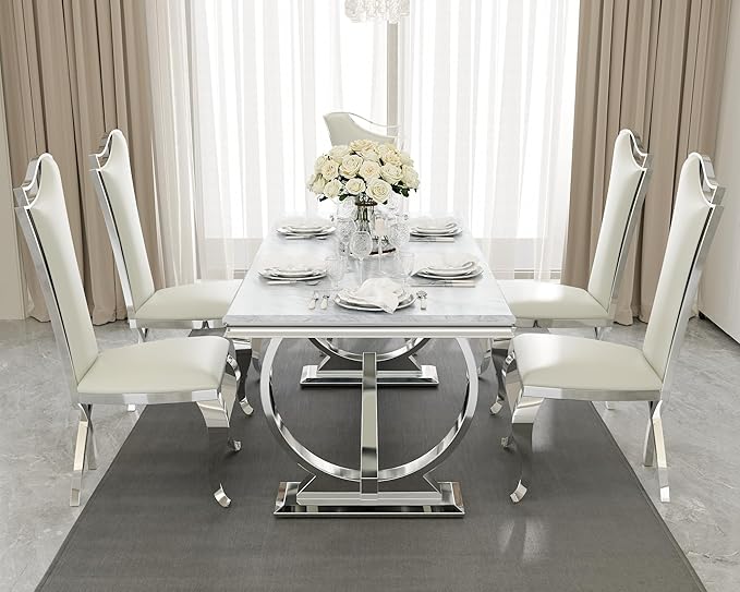 Asday 72 inch Modern Dining Room Table with Silver Stainless Steel Metal U-Base in Grey Silver