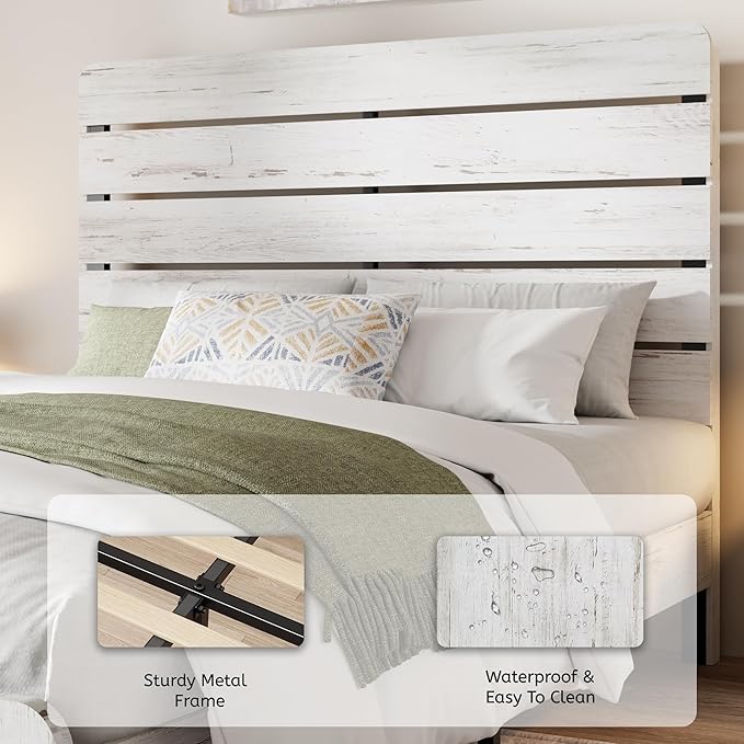 King Size Bed Frame with Wooden Headboard and Footboard, Rustic Platform Bedframe with Wood Slat Support, No Box Spring Needed, Under Bed Storage, Easy Assembly, White