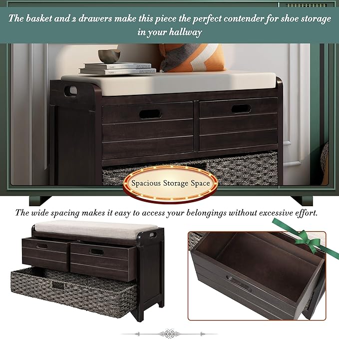 Fully Assembled Storage Bench with Cushioned Seat, 2 Drawers & Removable Basket, Solid Wood Entryway Shoe Bench for Bedroom, Hallway, Living Room (Espresso)