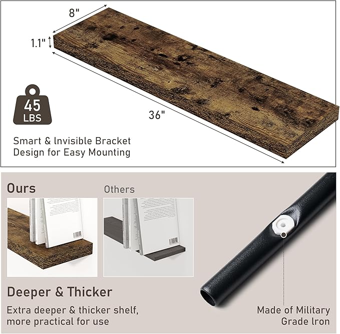 Fun Memories 36 Inch Floating Shelves, Wall Shelves Set of 2 for Bathroom/Living Room/Bedroom/Kitchen, Wall Mounted Floating Shelf for Home Decor with Invisible Brackets, Rustic Brown