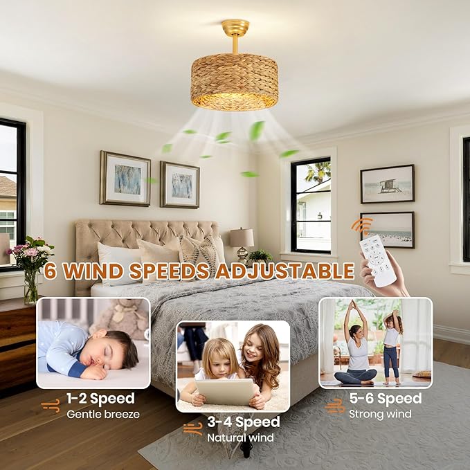 Boho Fandelier Ceiling Fans with Lights, Rattan Chandelier Fan Gold Caged Ceiling Fan with Light Remote, Flush Mount Chandelier Ceiling Fan with 6 Speeds Fandelier for Bedroom, Living Room,Kitchen