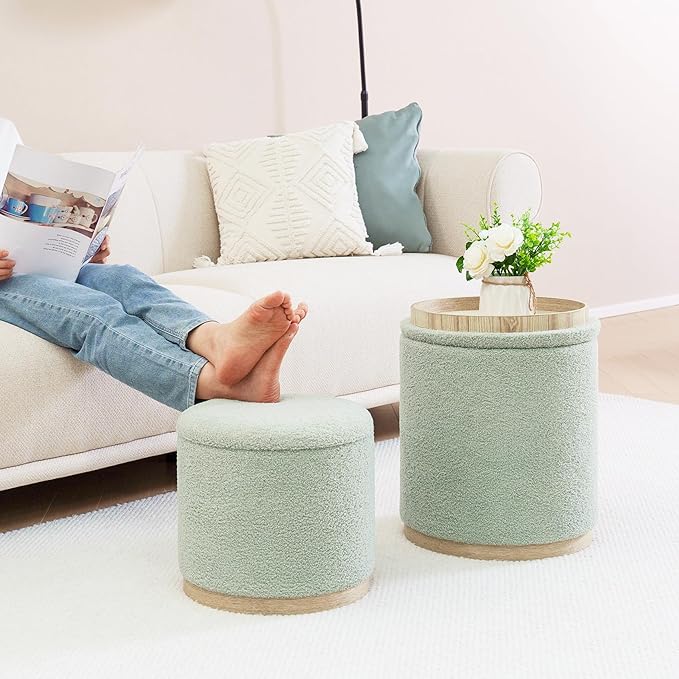 PINPLUS Round Ottoman with Storage Set of 2, Storage Ottoman with Tray, Teddy Velvet Ottoman Storage Modern Multifunctional Foot Rest Stool for Bedroom, Living Room, Dorm (Green)