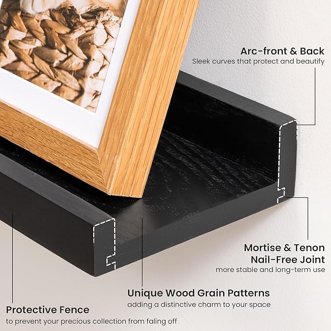 Solid Ash Wood Picture Ledge Shelf, 24 Inch Floating Shelves with Lip Set of 2, Picture Ledge Shelf, Photo Ledge Shelves Nursery Bookshelf Wall Mounted for Living Room Bedroom Decor, Black