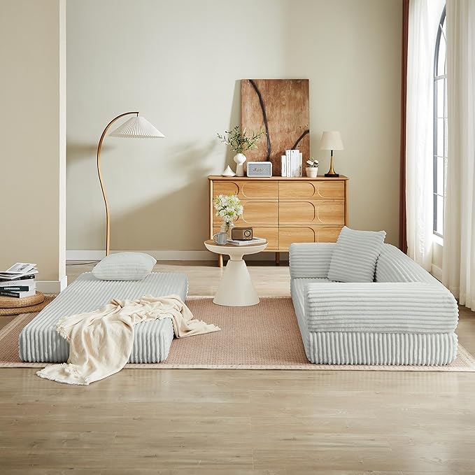 Boneless Couch Sofa Bed Sectional Couches for Living Room,Futon Cloud Couch with Sleeper Sofa,Sofas for Living Room Oversized Corduroy Upholstered (Light Grey)