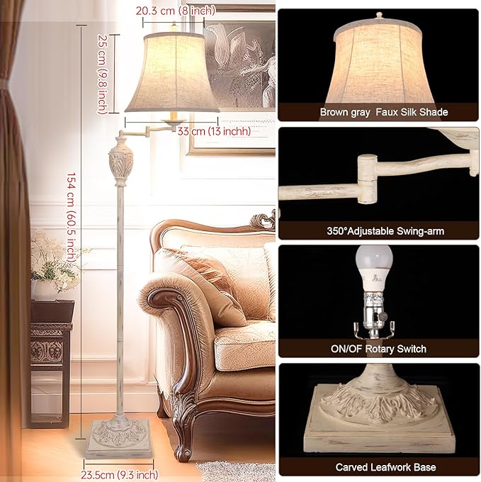 Traditional LED Floor Lamp with 350° Adjustable Swing Arm Lamp – Vintage Pole lamp Swing arm for Living Room, Bedroom and Office – Rustic Upright Floor Light for Home Décor with Faux Silk Fabric Shade