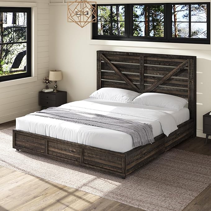 AMERLIFE King Size Farmhouse Bed Frame with 4 Drawers, Wooden Storage Bed Frame with Headboard and Heavy Duty Metal Slats, Noisy Free, Easy Assemble, Rustic Black