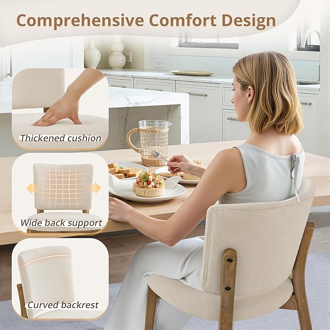 LUE BONA Wooden Dining Chairs Set of 4, Comfortable Wide Back Kitchen Side Chairs, Strong Thick Legs for Modern Farmhouse Dining Room, Linen Upholstered and Natural Wood Legs