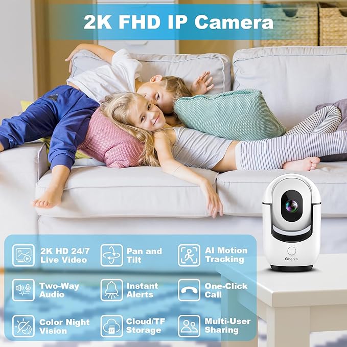 2K Pan/Tilt Security Camera, WiFi Indoor Camera for Home Security with AI Motion Detection, Baby/Pet Camera with Phone App, Color Night Vision, 2-Way Audio, 24/7, Siren, TF/Cloud Storage - 2 Pack